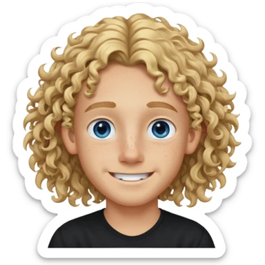 blonde boy with long curly hair past his ears, smiling, wearing a black shirt with freckles and blue eyes sticker