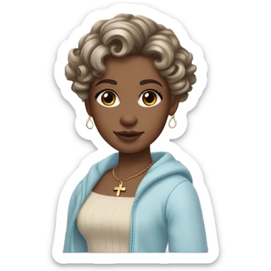 pale girl , who has curly medium length dark brown swirled hair with side bangs , light brown eyes , and doll like makeup , in a light blue off the shoulder sweater with a cross necklace sticker