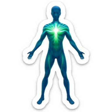 Masculine silhouette formed by radiating ethereal energy waves, abstract flowing aura in shape of man, minimalist sticker