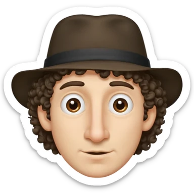 a guy with a huge nose short stringy curly hair and a small hat sticker