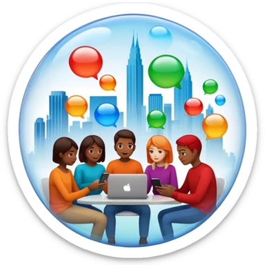 Multiple people inside colorful transparent bubbles, each using a smartphone or laptop. The bubbles are blue, red, orange, and green, with a minimalist cityscape in the background. Realistic emoji style. sticker