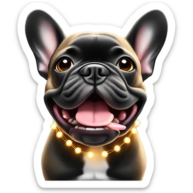 Black and tan French bulldog with Christmas light string in his mouth  sticker