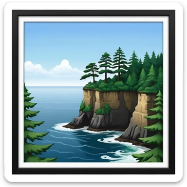 Cape Flattery iconic cliff with evergreen trees and ocean, Apple emoji style, no text sticker