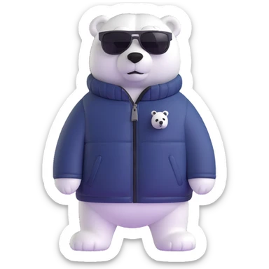 polar bear wearing a white puffer jacket and sunglasses sticker