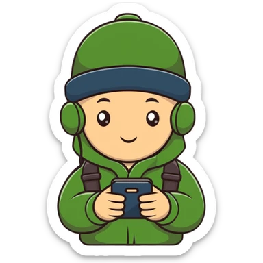 Russian military blogger wearing an ushanka hat and a vatnik, holding a smartphone sticker