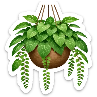 Plectranthus Verticillatus plant with round green leaves in a coconut fiber hanging basket sticker