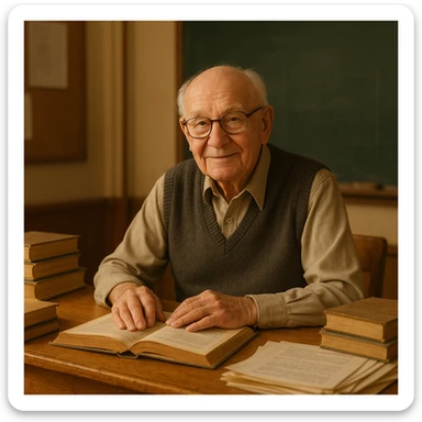 an old male teacher, 80 years old, balding with white hair, wearing spectacles, sitting at a desk sticker
