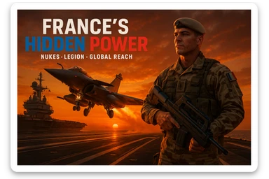dramatic 8K scene of Rafale jet taking off from Charles de Gaulle carrier at sunset with orange glow, foreground featuring French Foreign Legionnaire in desert camo with futuristic weapon, bold tricolor text 'FRANCE’S HIDDEN POWER', subtext 'Nukes • Legion • Global Reach', epic cinematic composition sticker