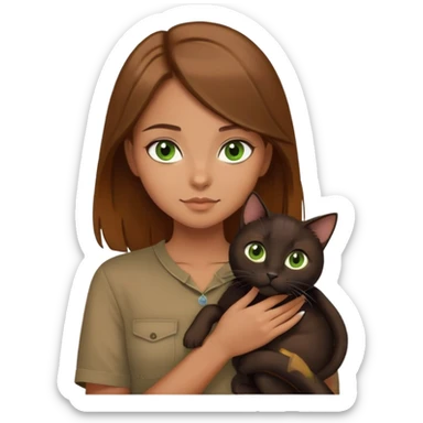 A girl with long caramel brown hair with hazel eyes, in a brown shirt, holding a black green eyed cat sticker