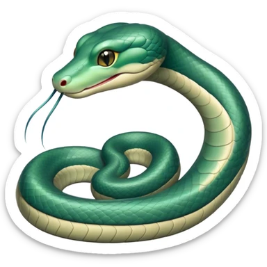 Cinematic Noble Chinese Water Snake Portrait Emoji, Poised and graceful, with a slender, sinuous build and a sleek, iridescent coat of muted greens and blues, deep-set soulful eyes, Simplified yet sharp and sophisticated features, highly detailed, glowing with a soft, dignified aquatic glow, high shine, intelligent and fluid, stylized with an air of waterborne elegance, focused and attentive, soft glowing outline, capturing the essence of a watchful and confident water snake that feels as though it could glide out of the screen with effortless authority! sticker