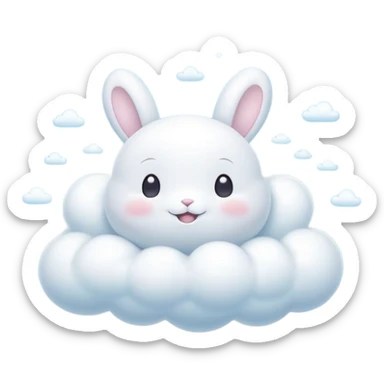 Cinematic tiny puffy bunny-shaped cloud, floating gently in the sky, soft glowing light, tiny rounded ears, smiling face, dreamy and magical. sticker