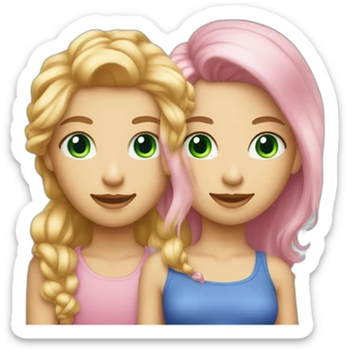 Young beautiful lady with pink hair and green eyes with young boy with blue eyes and blond hair sticker