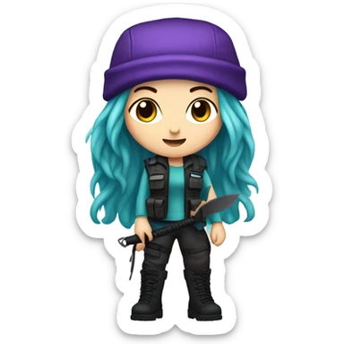Girl, white skin, tactical vest, dark pants, long teal and purple hair, blue eyes, purple beanie hat, knife, black combat boots sticker