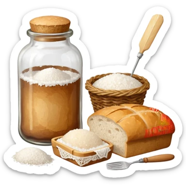 a one victorian bottle of salt and a loaf of bread - a bread bag, crochet needles and a ball of wool sticker