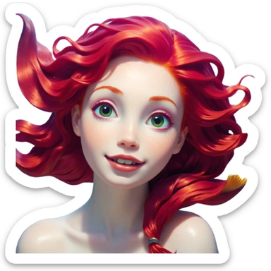 Cinematic Realistic Red Hair Mermaid Portrait, head tilted dramatically with an exaggeratedly amused expression, featuring a striking, vibrant form with meticulously detailed, flowing red hair and luminous porcelain skin. Her expressive eyes burst with playful marine mischief, rendered with dynamic underwater lighting and vibrant textures that convey an air of cheeky oceanic whimsy and over‐the‐top mermaid charm. sticker