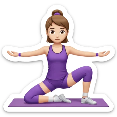 Девушка с короткими волосами до плеч русого цвета, с черными бровями, карие глаза, у неё фиолетовый спортивный костюм с топиком и шортами и белые носки, она занимается йогой в позе бибаласана sticker