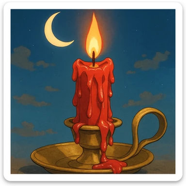 ghibli style dripping red candle in a gold holder with a crescent moon in the background sticker