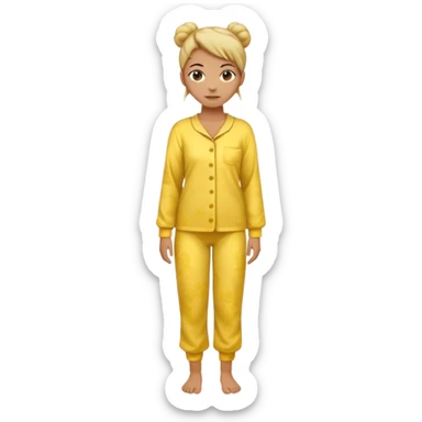 woman standing, wearing yellow pajamas, hair in a bun, full body, realistic, official Apple iPhone emoji style, less cartoonish sticker