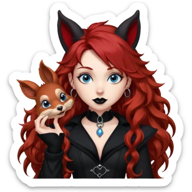  long curly red hair (darker), red pointed ears with black trim, black goth outfits, body and face human, blue eyes, more pointy chin, black lipstick, big fluffy red squirrel tail with black tips, like the attached photo with more outfits and poses,  sticker