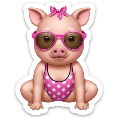 cute pig wearing cool star-shaped sunglasses and polka dot bathing suit on all fours  sticker