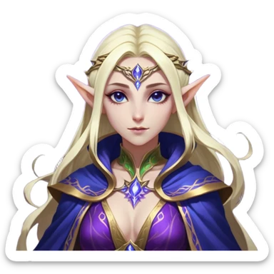 Cinematic Realistic WoW Elf Mage Portrait, head tilted epicly and inquisitively, showcasing a commanding presence and graceful arcane power. Her luminous, porcelain-like skin and delicate features, framed by an intricately detailed robe in deep blues and purples with golden accents, are rendered with lifelike clarity and dramatic, mystical lighting, high shine, epic and awe-inspiring, embodying the timeless magic of an elven mage poised to reshape destiny. sticker