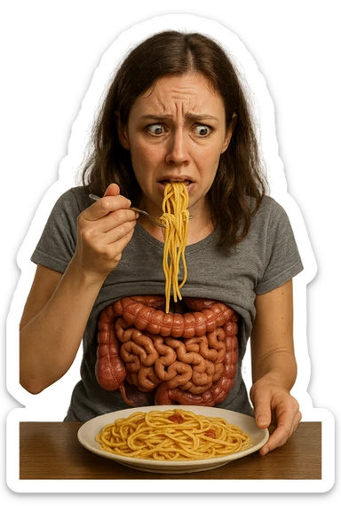 donna con  espressione ansiosa mentre mangia un piatto di pasta affamata, intestino anatomico visibile, iperrealistiche 4k sticker