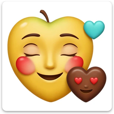 Apple-style emoji, happy closed eyes, gentle smile, yellow with gradient, flat cyan background, one red heart top right, two chocolate pieces replacing other hearts, glossy, rounded, realistic, clean, digital, smooth, Apple emoji style sticker