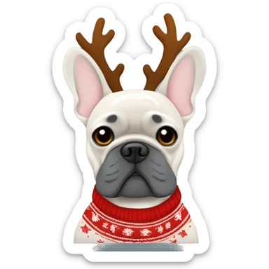 Grey French bulldog wearing a Christmas sweater with reindeer antlers  sticker