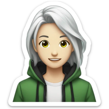 Joven estilo anime con capucha azul ojos verdes cabello cafe y pantalones negros zapatos blancos sticker