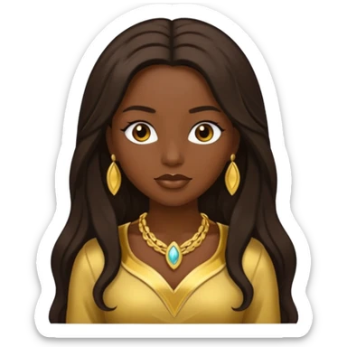 Bilquis from American Gods with dark skin, dark brown long hair, gold outfit sticker
