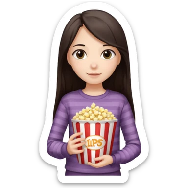 girl with dark brown straight long hair, striped light sweater, gray beautiful eyes, holding popcorn in her hands sticker