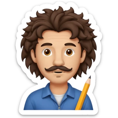 Make a cute guy with bouncy curly dark brown hair with a disconnected goatee and medium skin with a thin parted pencil mustache and lion ears sticker