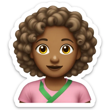 Brown girl with curly hair wearing a pink and green t-shirt with “1908” sticker
