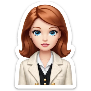 A Barbie girl with blue eyes, shoulder-length reddish-brown hair with makeup, wearing a white tweed jacket and a black skirt stands with chanel white color cream sticker