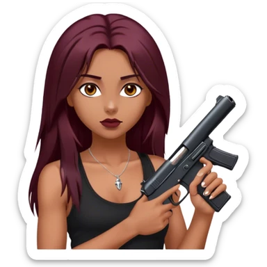 emoji of girl with black gun in hand with a black tank top gorgeous girl y2k with maroon dark long hair in a middle part with straight nose hazel eyes medium perfect eye brows with  a nose ring silver on the right nostril  sticker