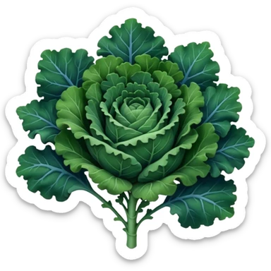 loose bunch of curly kale leaves, deep green to bluish-green tones, ruffled edges, prominent central stems, crisp slightly fibrous texture, matte finish, fresh, soft lighting, subtle shadows, emoji scale sticker