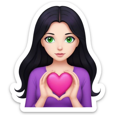 Woman with long black hair and green eyes with a purple top holding a pink heart  sticker