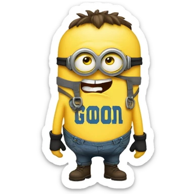 Buff minion with the shirt saying "NEVER GOON" sticker