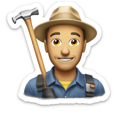 Photo of a man with a hat on fixing a car with a hammer sticker