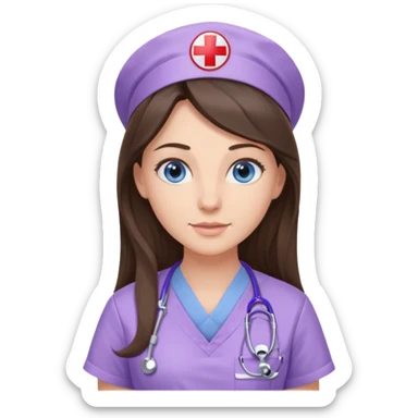 pretty brunette nurse with long hair and blue eyes in lilac scrubs sticker