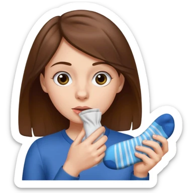 woman with stinky socks in her hands sniffing sticker