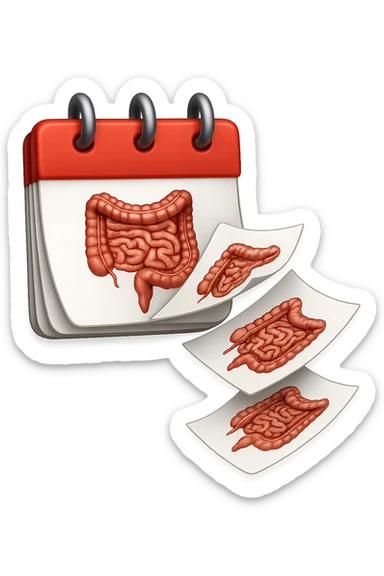 emoji stile iphone di un calendario con fogli che volano insieme, sui fogli ci sono disegnati degli intestini anatomici, iperrealistico 4k, isolato su sfondo bianco sticker