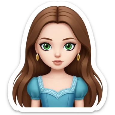 pretty bratz girl, long brown hair, dark green eyes, black eyeliner, pale skin, blue style sticker