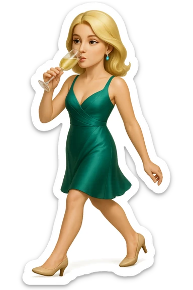 Create an elegant model sipping champagne, walking pose, hyper realistic, in the style of apple emojis with no background. The style should reflect the iconic apple emoji look with smooth, polished, and vibrant colors, but with hyper realistic details and textures. sticker