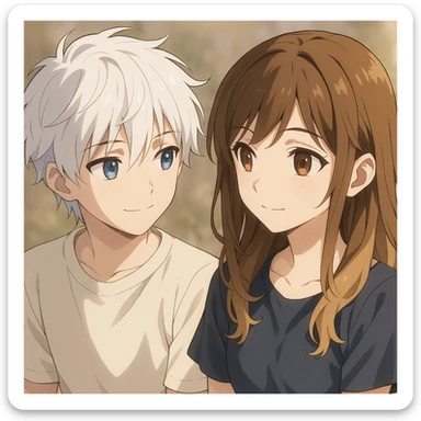 anime style, a white-haired, blue-eyed boy admiring a brunette-blonde girl with brown eyes, both with gentle expressions sticker