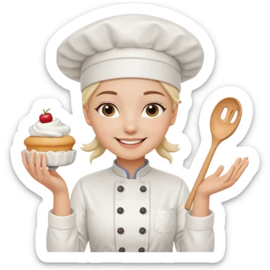 Young female baker - white chef hat, holding cream piping bags in both hands sticker