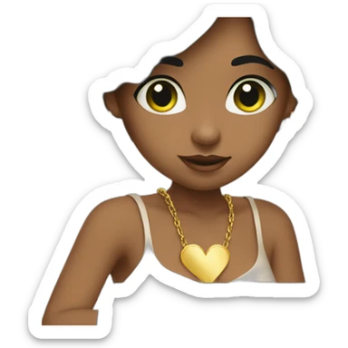 a girl with shoulder length black hair, big ears, green eyes, and a gold heart necklace working on a laptop sticker
