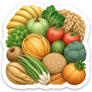 Close-up of a bundle of fiber strands intertwined with small vegetable, fruit, and grain icons, showing microscopic view of dietary fiber structure sticker