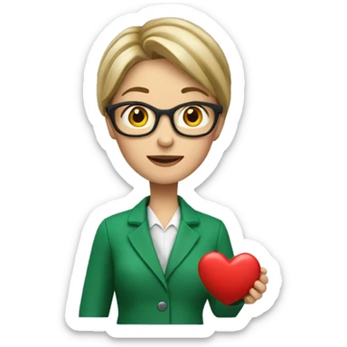A European female teacher in a green jacket holds a heart in her hands sticker