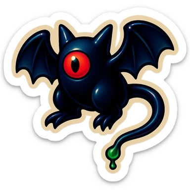 an all black bat-like creature. One cyclopian red eye in its face. no visible mouth or ears. has a long tale with a stinger that drips green poison sticker